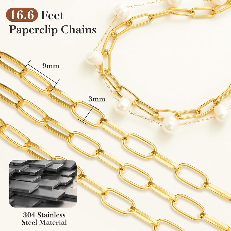 Ecoofor 18K Gold Chain for Jewelry Making – Stainless Steel Paperclip Chain, 16.6 Feet DIY Bracelet Necklace Kit with 100 Jump Rings, 50 Clasps, 26 Letter Pendants & 30 Colorful Charms - Image 2